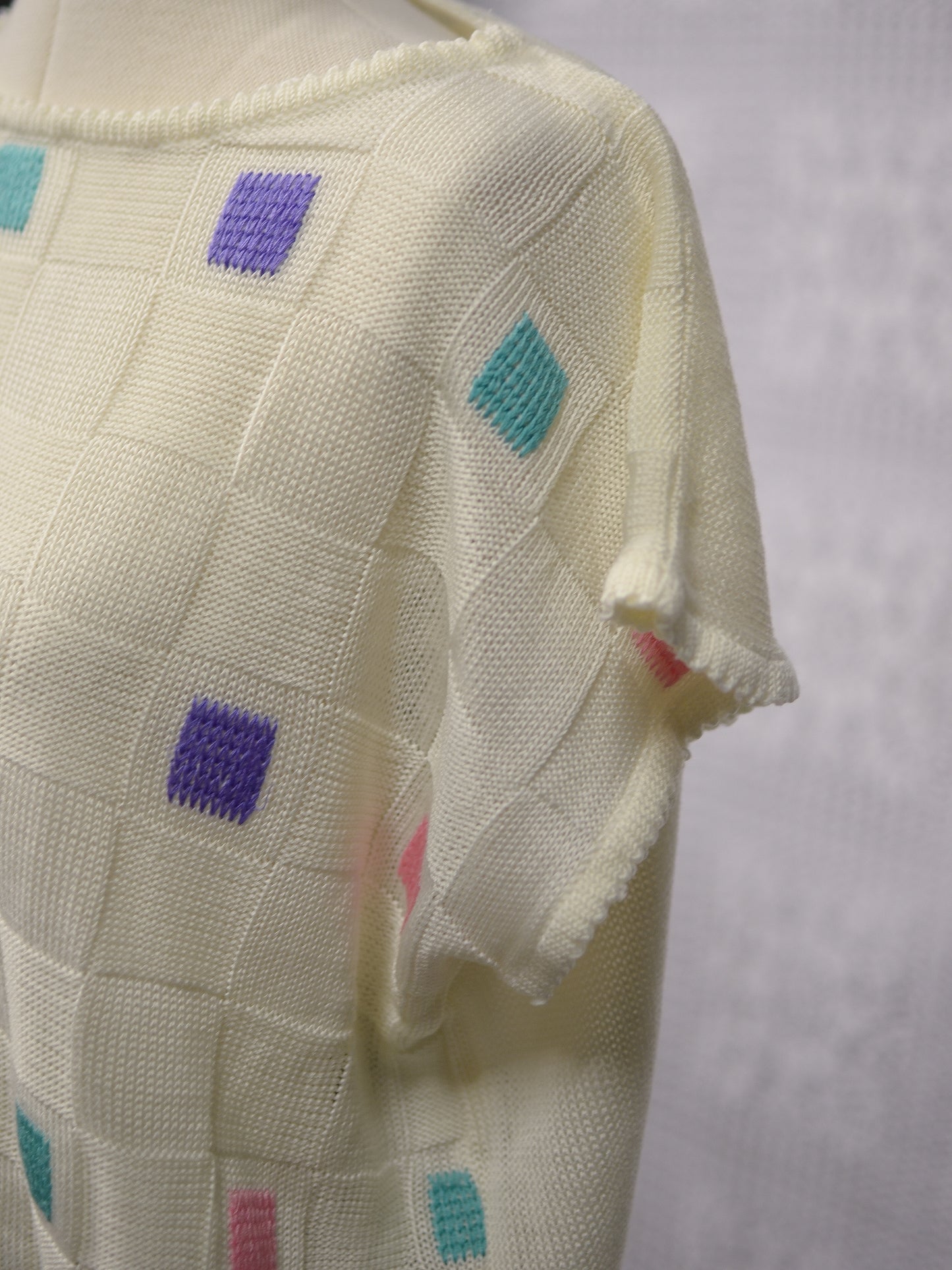 1980s cream, purple, green and pink square pattern slouchy sleeveless jumper