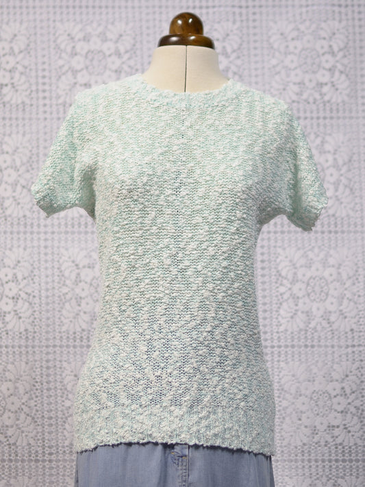 1980s pale green and white boucle short sleeve jumper