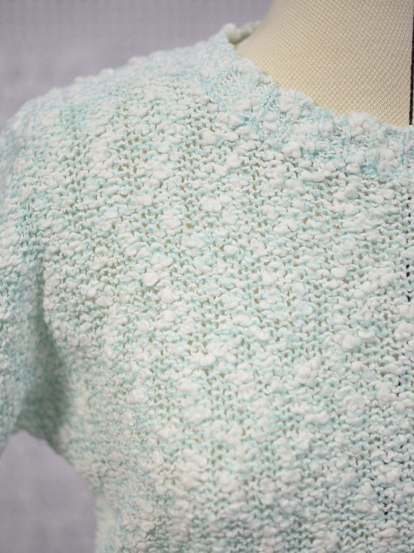 1980s pale green and white boucle short sleeve jumper