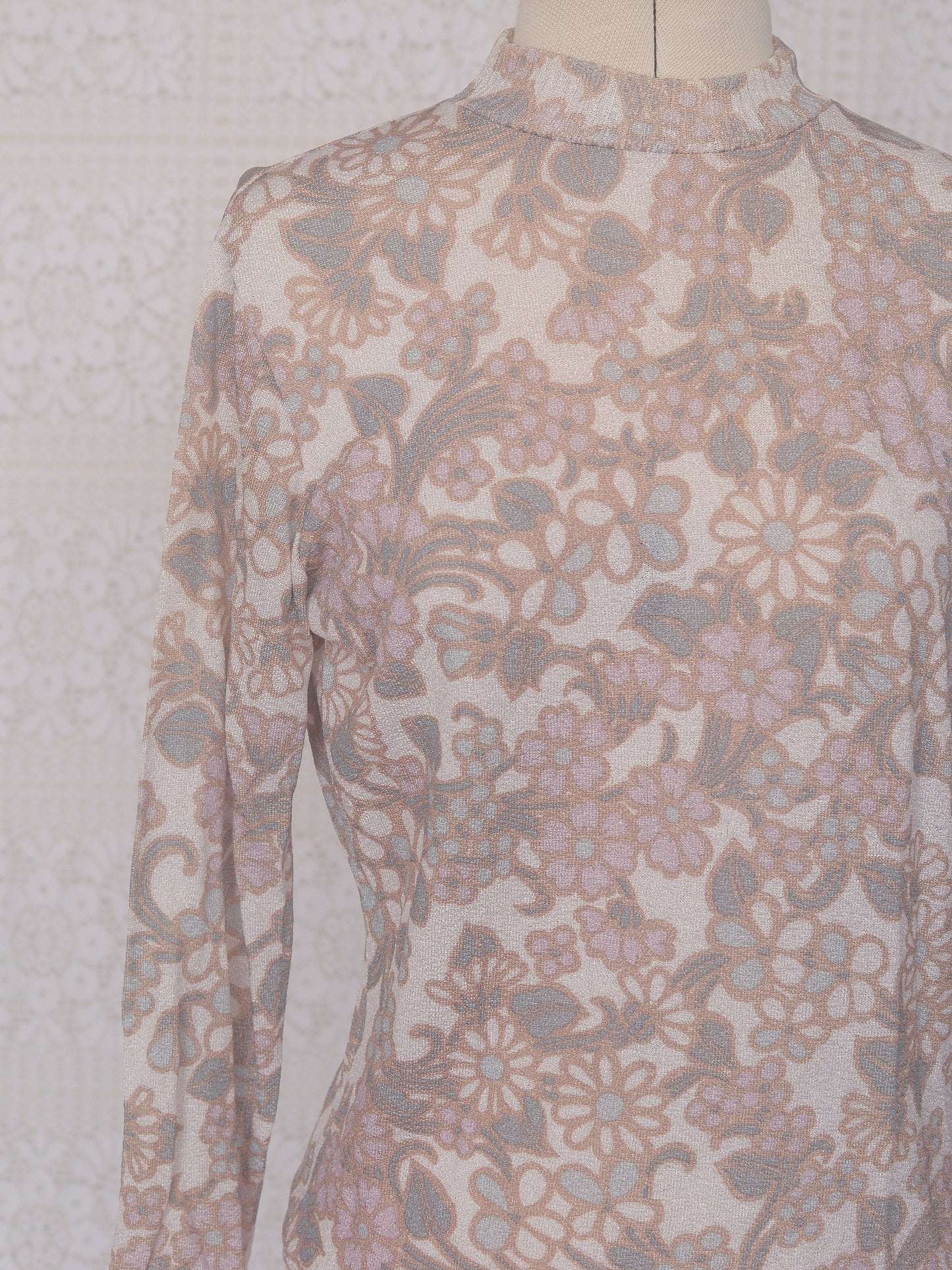 1970s cream, brown and pink floral turtleneck long sleeve jumper