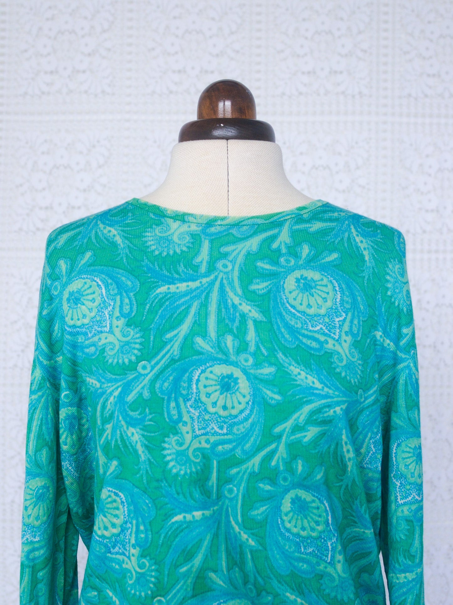 1970s style green and blue large floral print soft long sleeve jumper