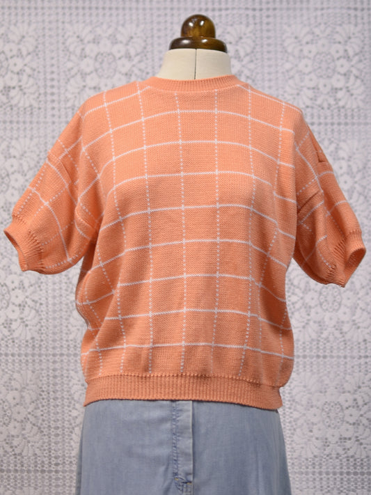 1980s Littlewoods peach and white square pattern short sleeve jumper