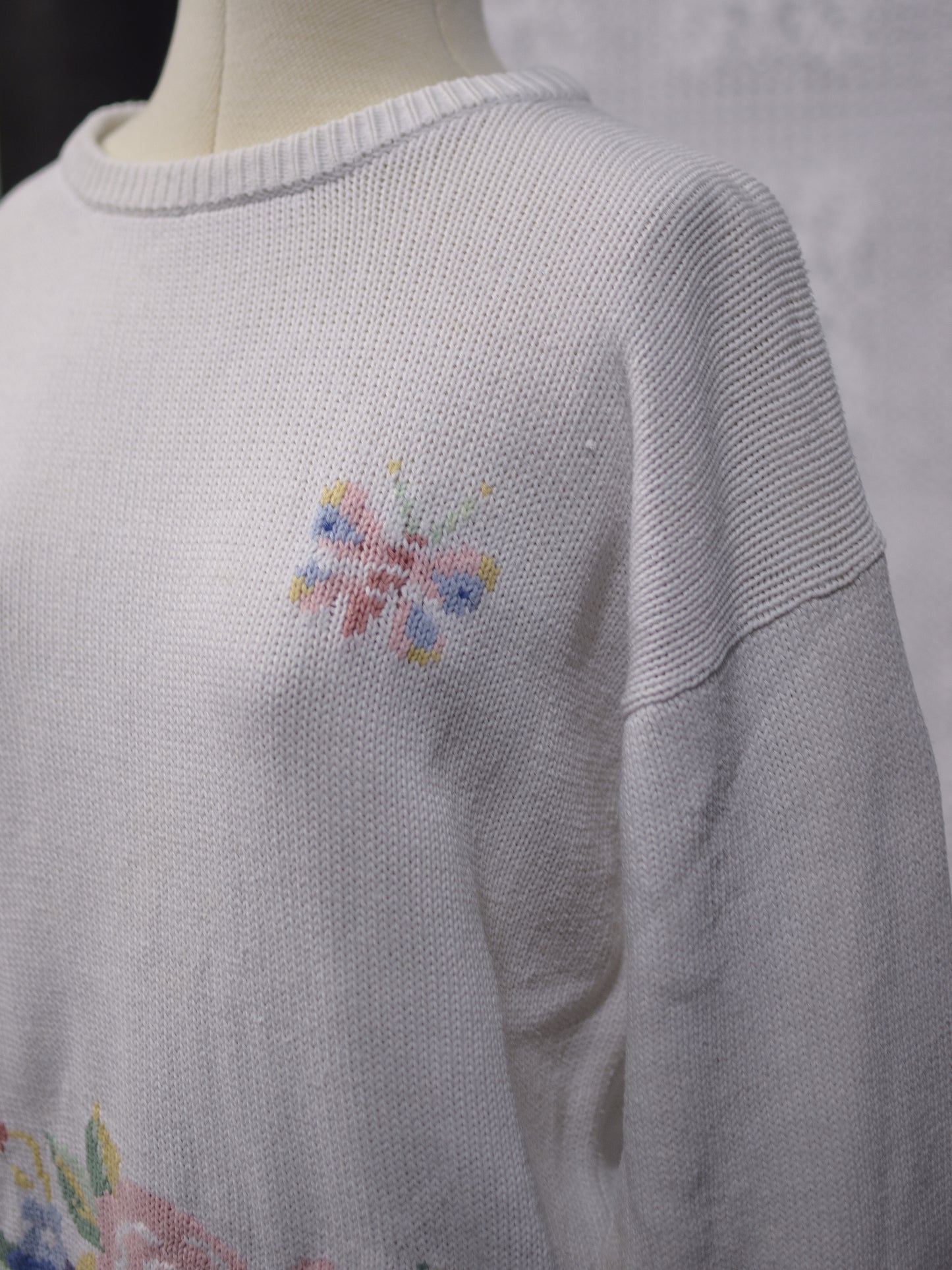 1990s Tulchan white floral and butterfly cotton jumper