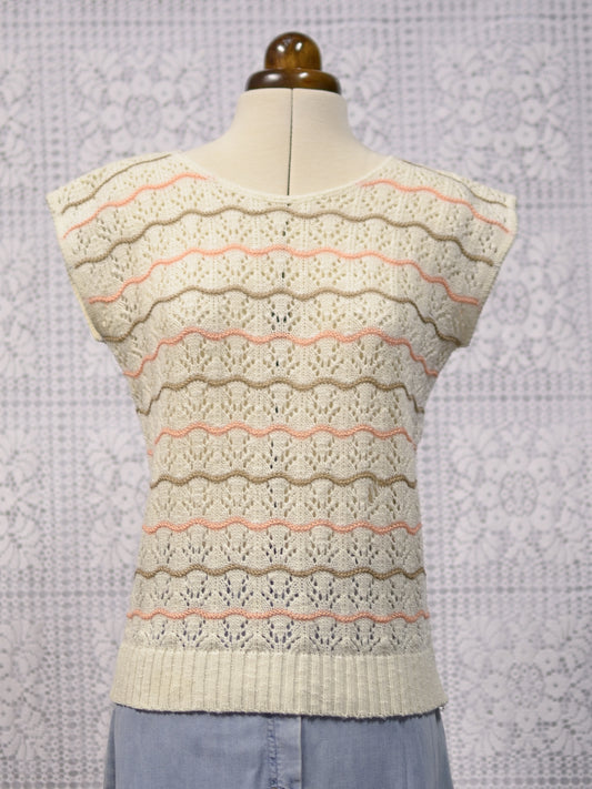 1980s BHS cream, brown and peach wavy striped sleeveless jumper sweater vest