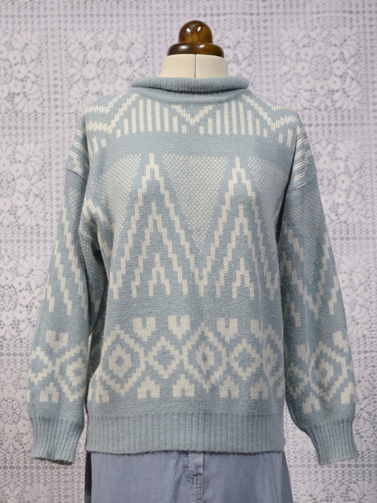 1990s Richards light blue and white geometric pattern roll neck jumper