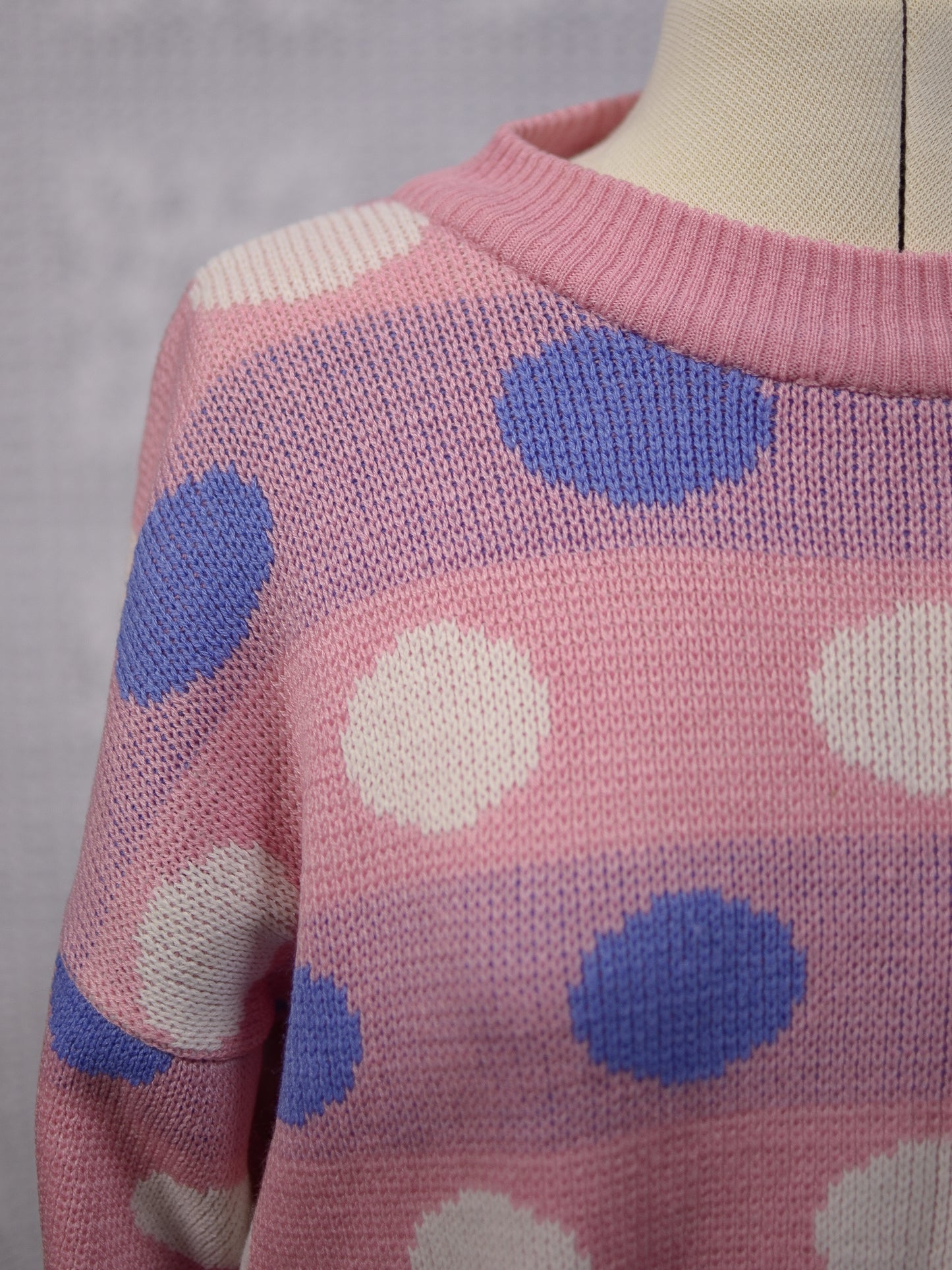 1980s pink, white and blue polkadot jumper