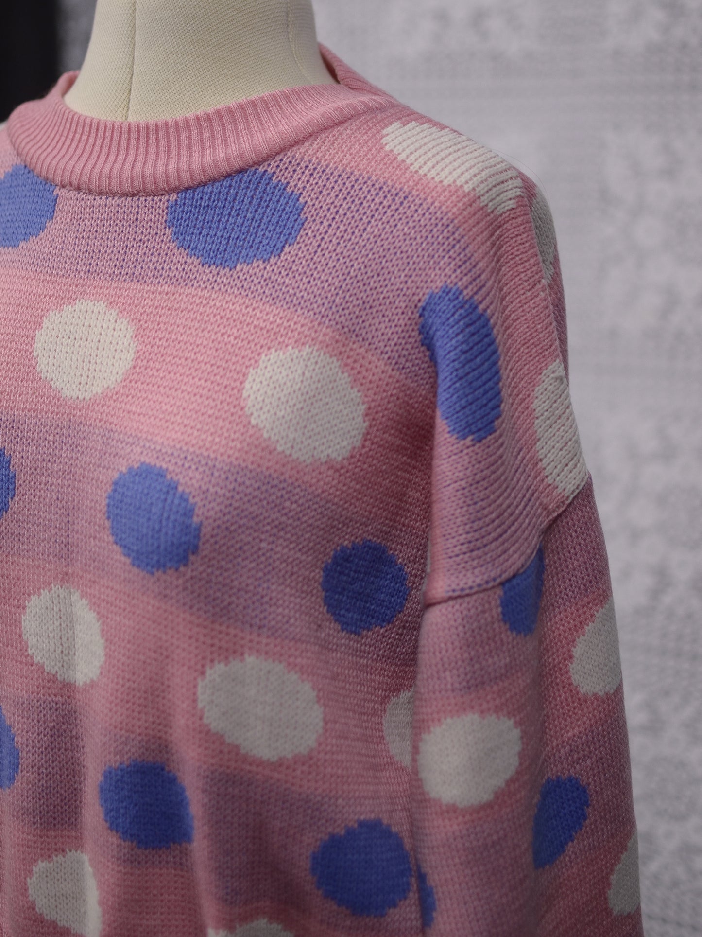 1980s pink, white and blue polkadot jumper