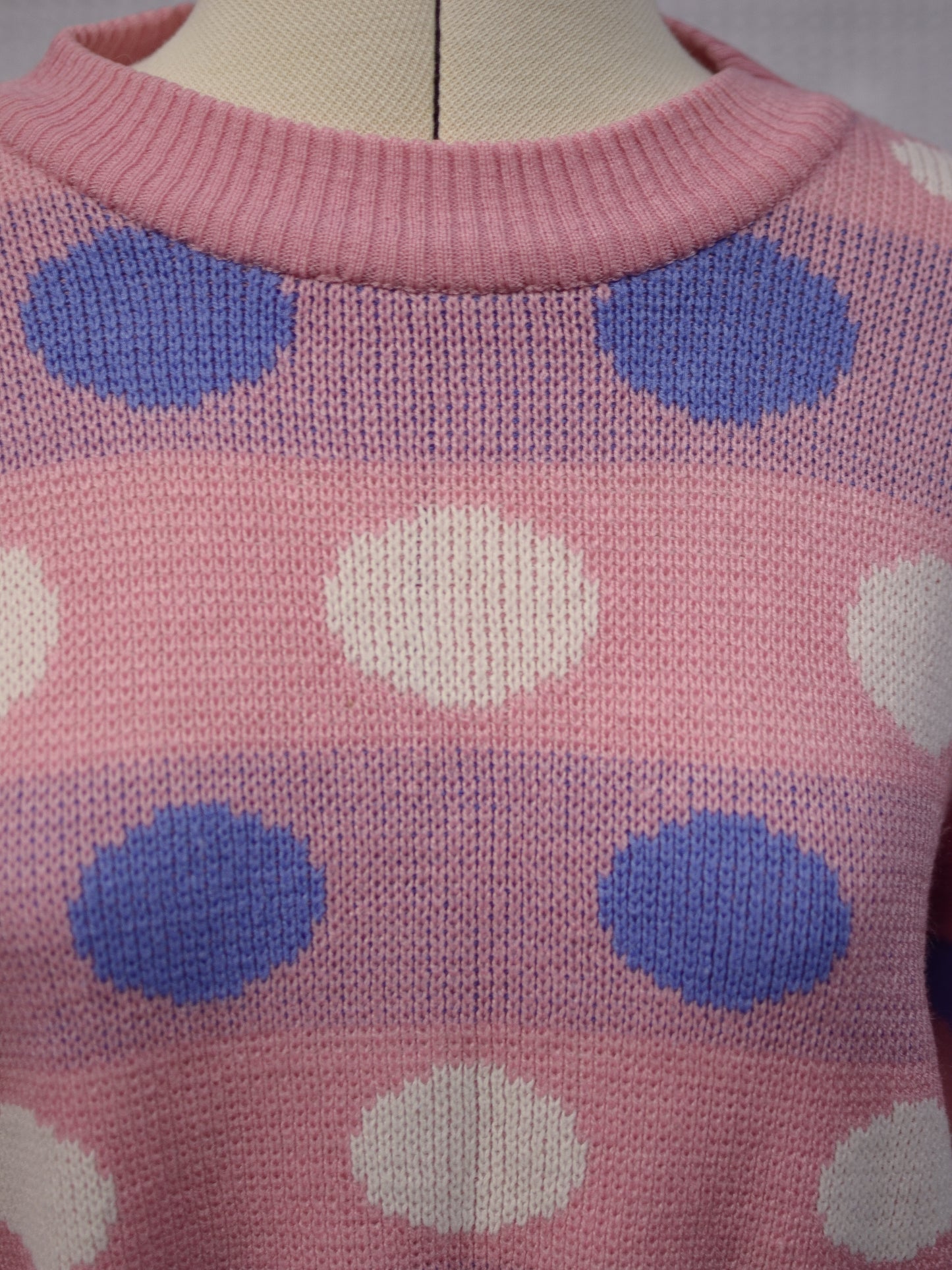 1980s pink, white and blue polkadot jumper