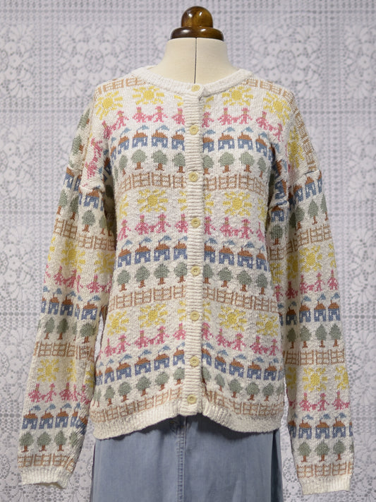 1980s cream novelty folk pattern cardigan