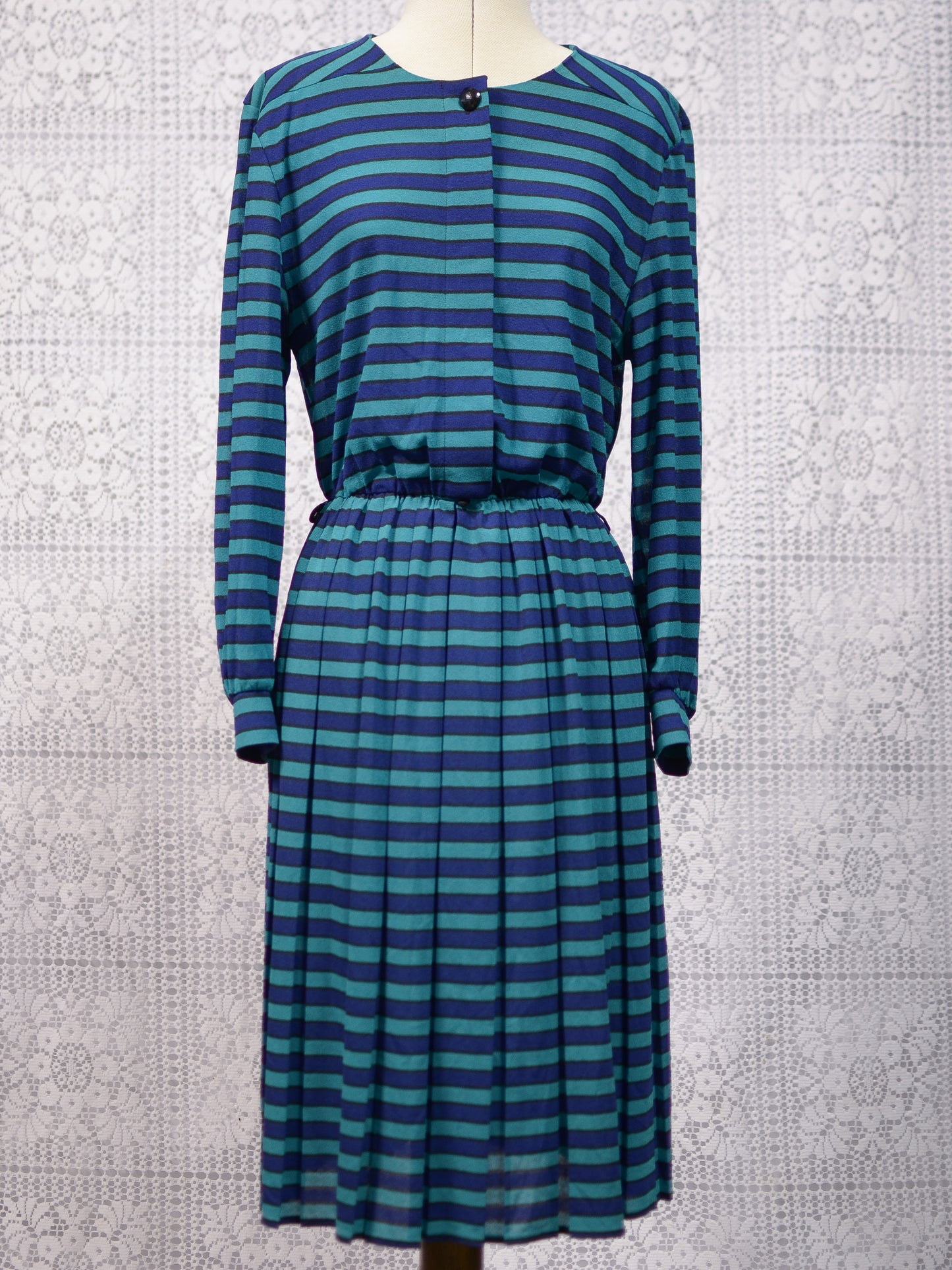 1980s St Michael blue and green striped long sleeve pleated midi dress