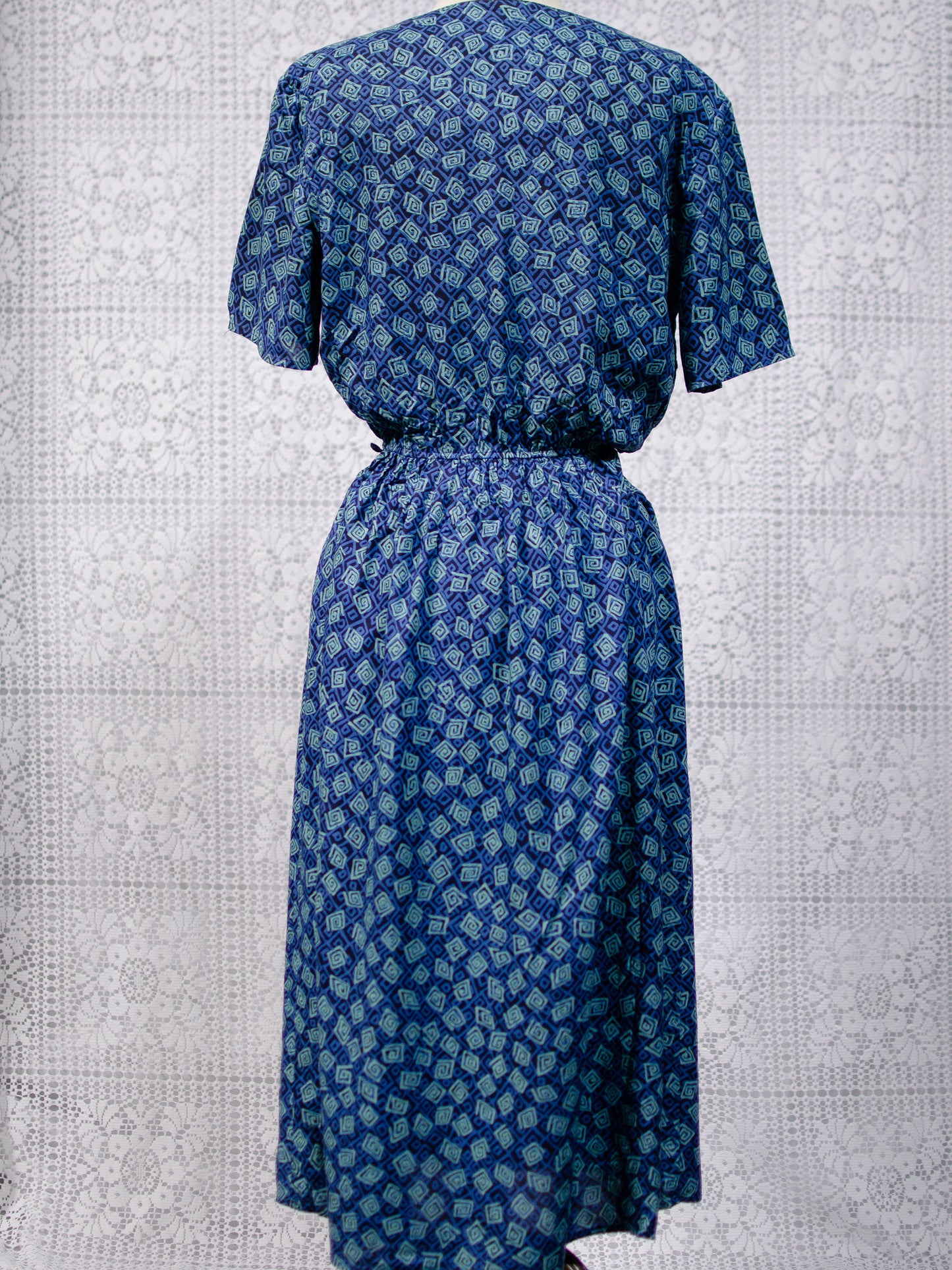 1990s St Michael blue and green abstract pattern short sleeve maxi dress