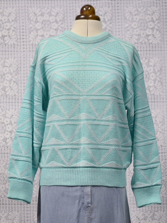 1980s mint green geometric pattern striped jumper