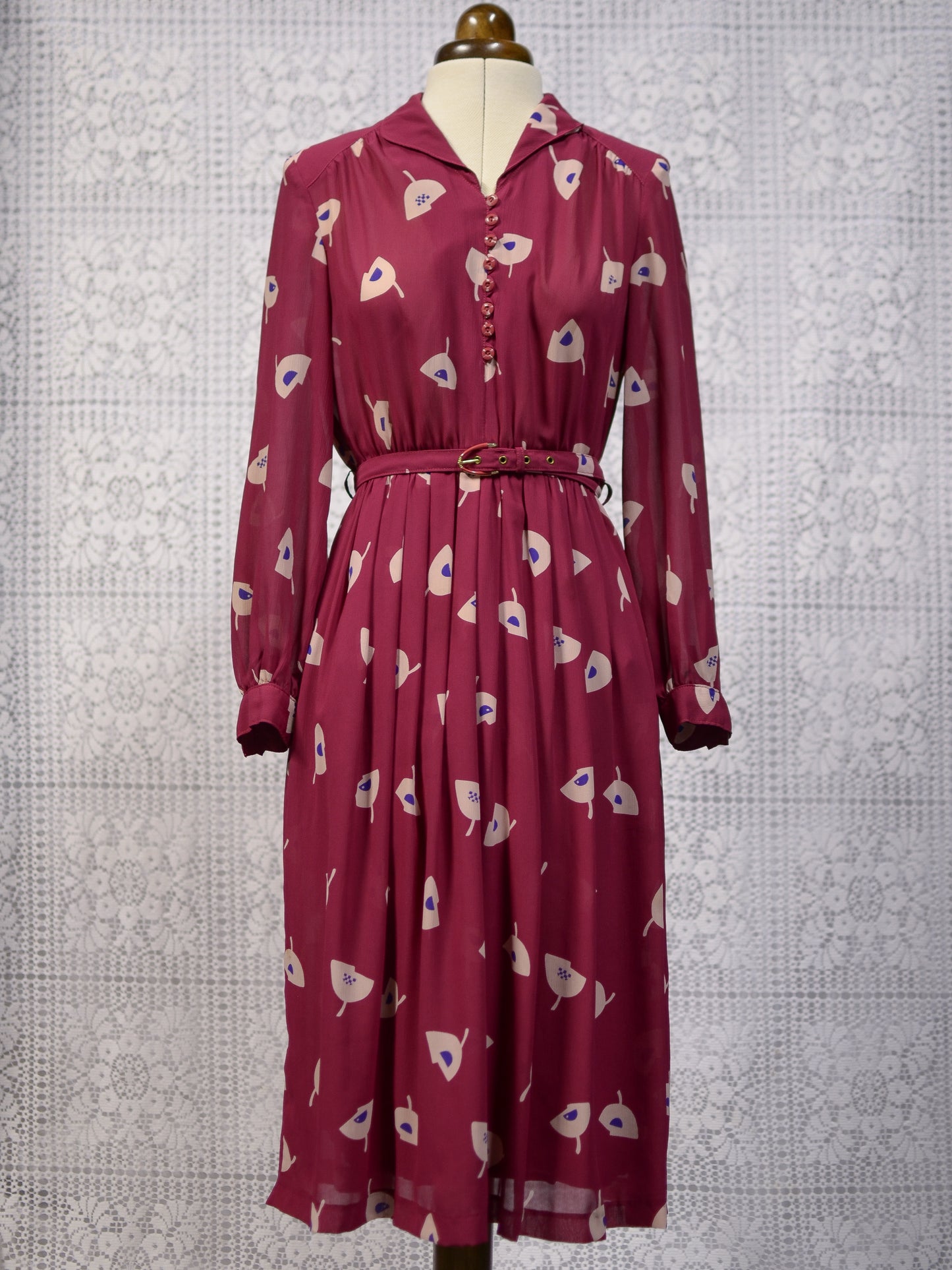 1980s Japanese dark red belted shirt dress with abstract floral pattern