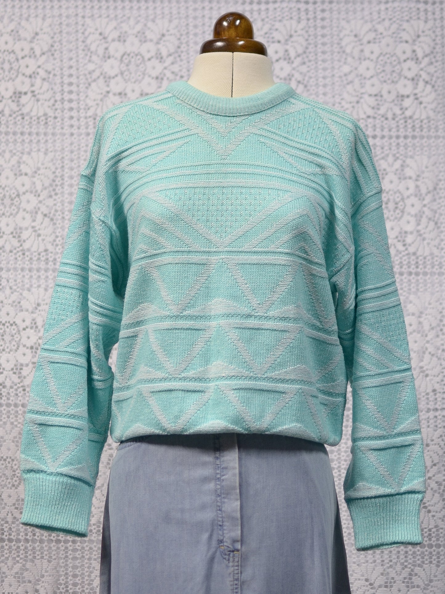 1980s mint green geometric pattern striped jumper