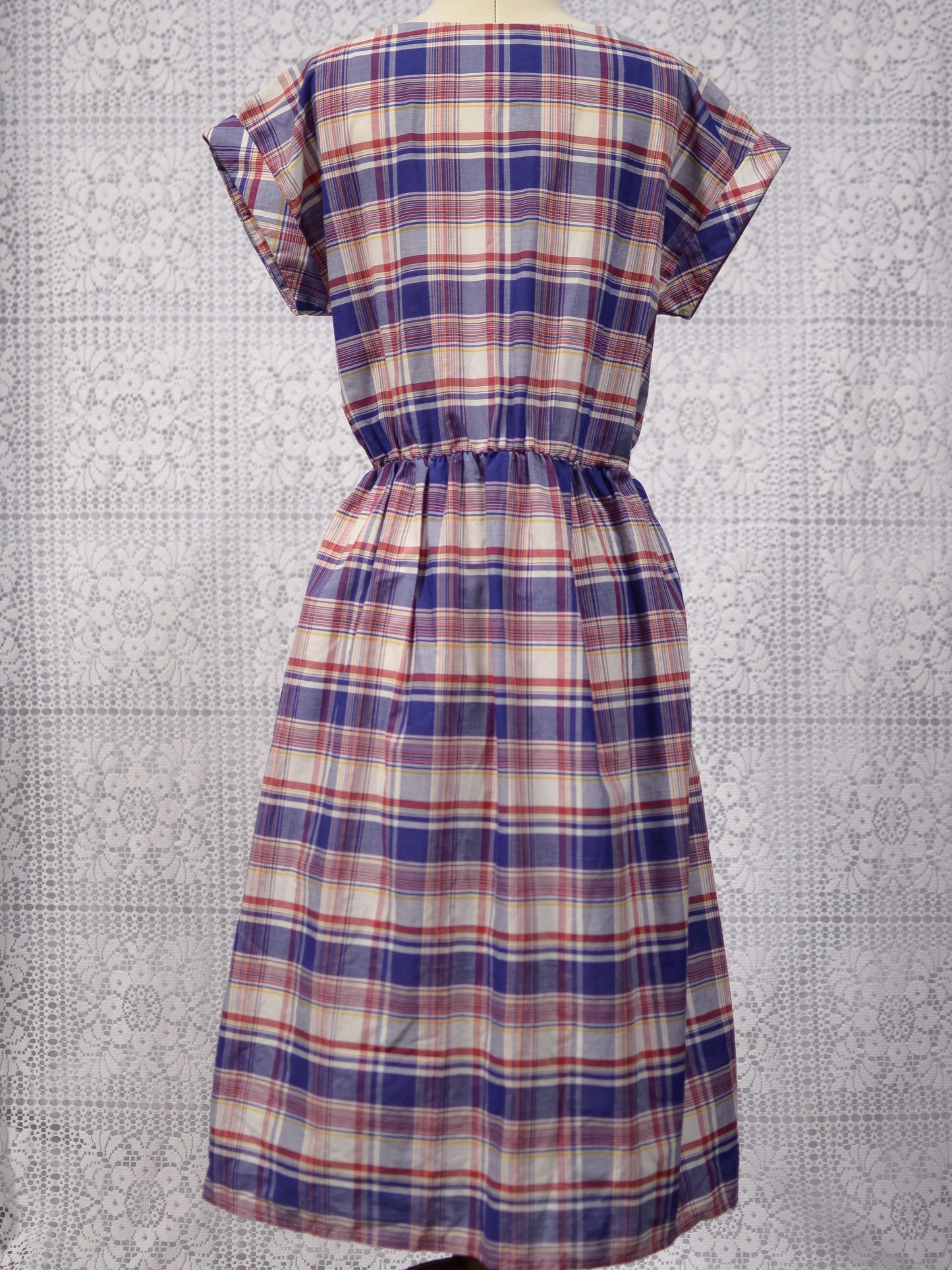 1980s C&A blue, red and yellow check midi dress