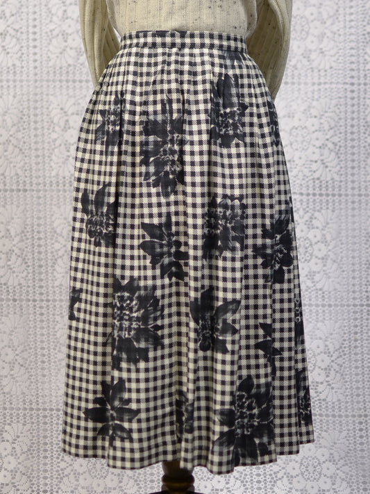 1990s cream and black gingham floral midi skirt