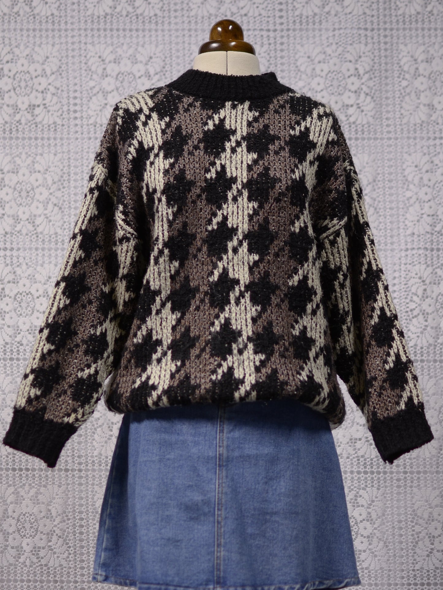 1980s St Michael black, brown and cream houndstooth chunky jumper