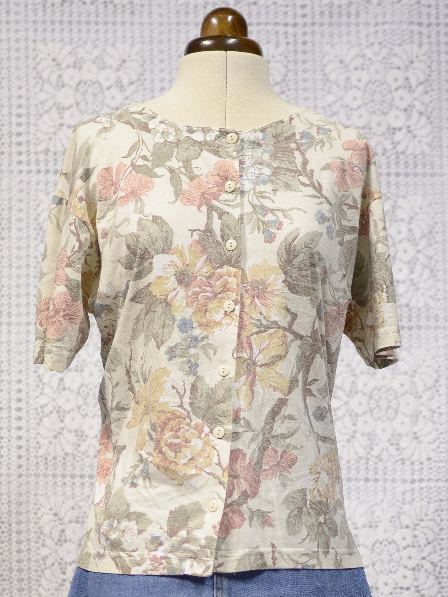 1990s Richards cream and brown floral button-up t-shirt top
