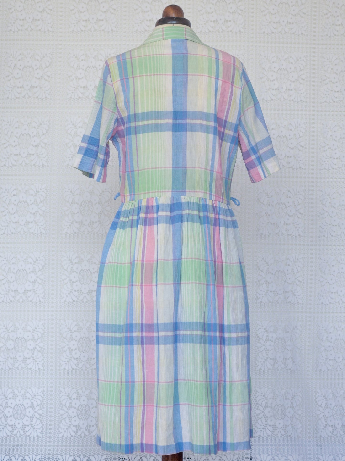 1980s St Michael pastel blue green and pink check short sleeve shirt dress