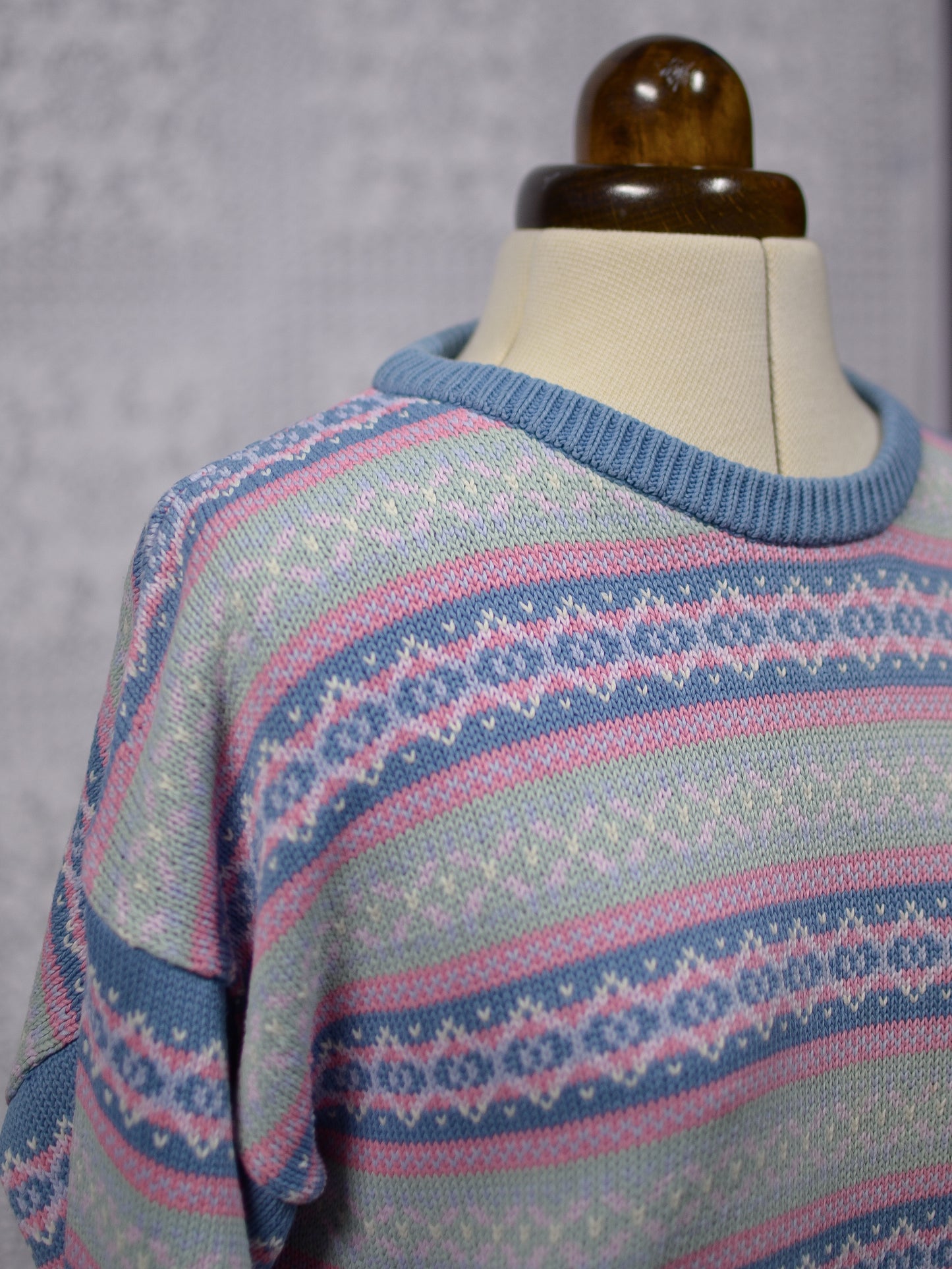 1990s Laura Ashley turquoise and pink striped fair isle striped cotton jumper