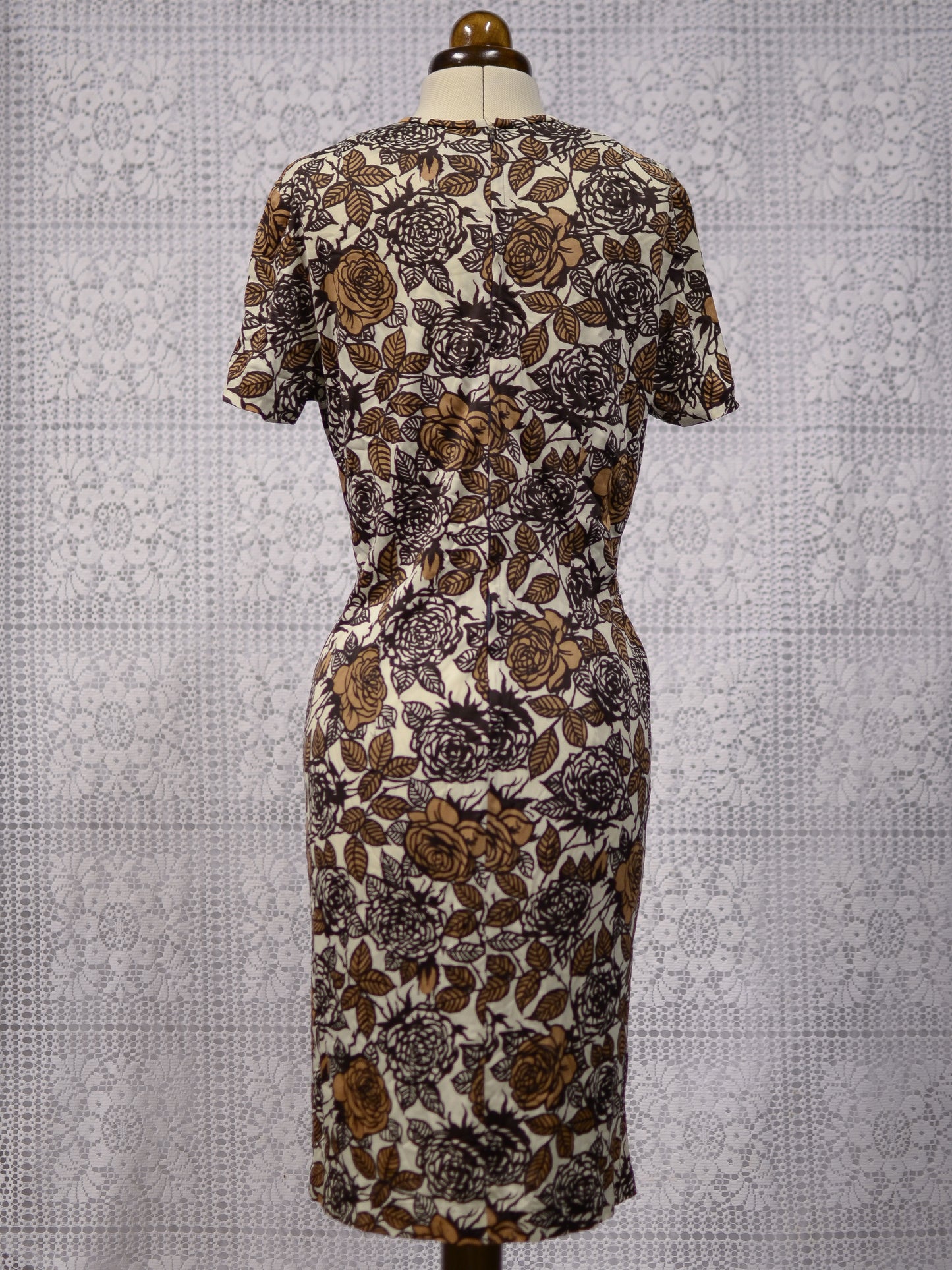 1970s cream and brown rose pattern fitted wiggle dress