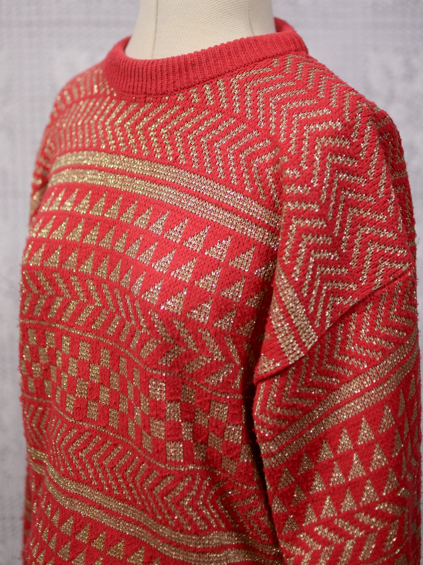 1980s red and gold batwing festive geometric striped jumper