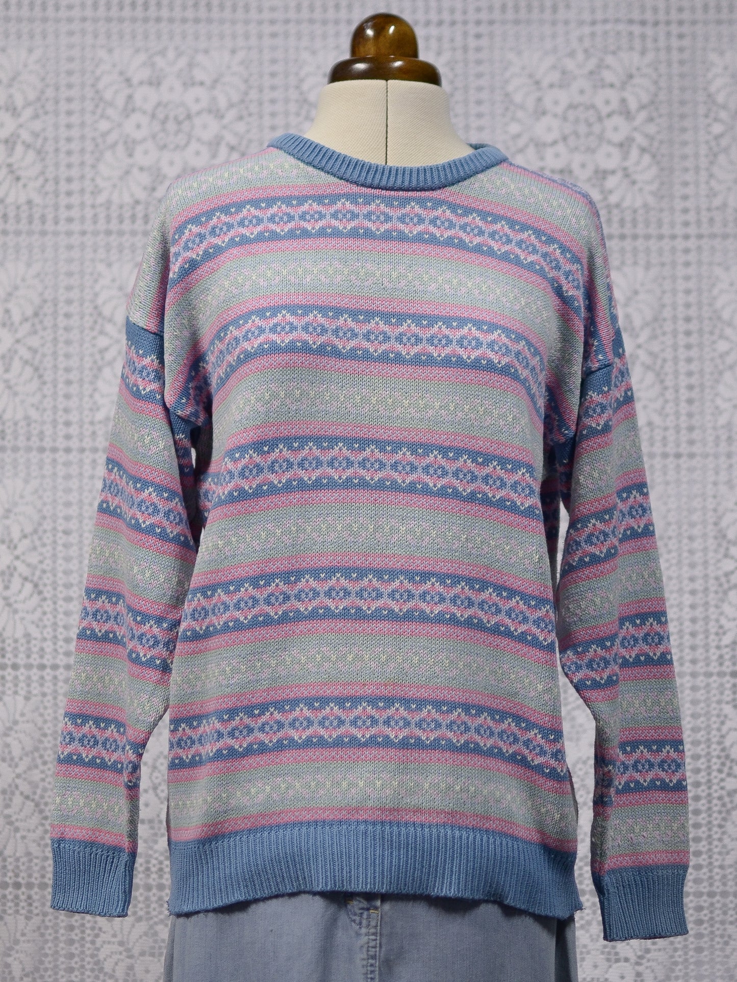 1990s Laura Ashley turquoise and pink striped fair isle striped cotton jumper