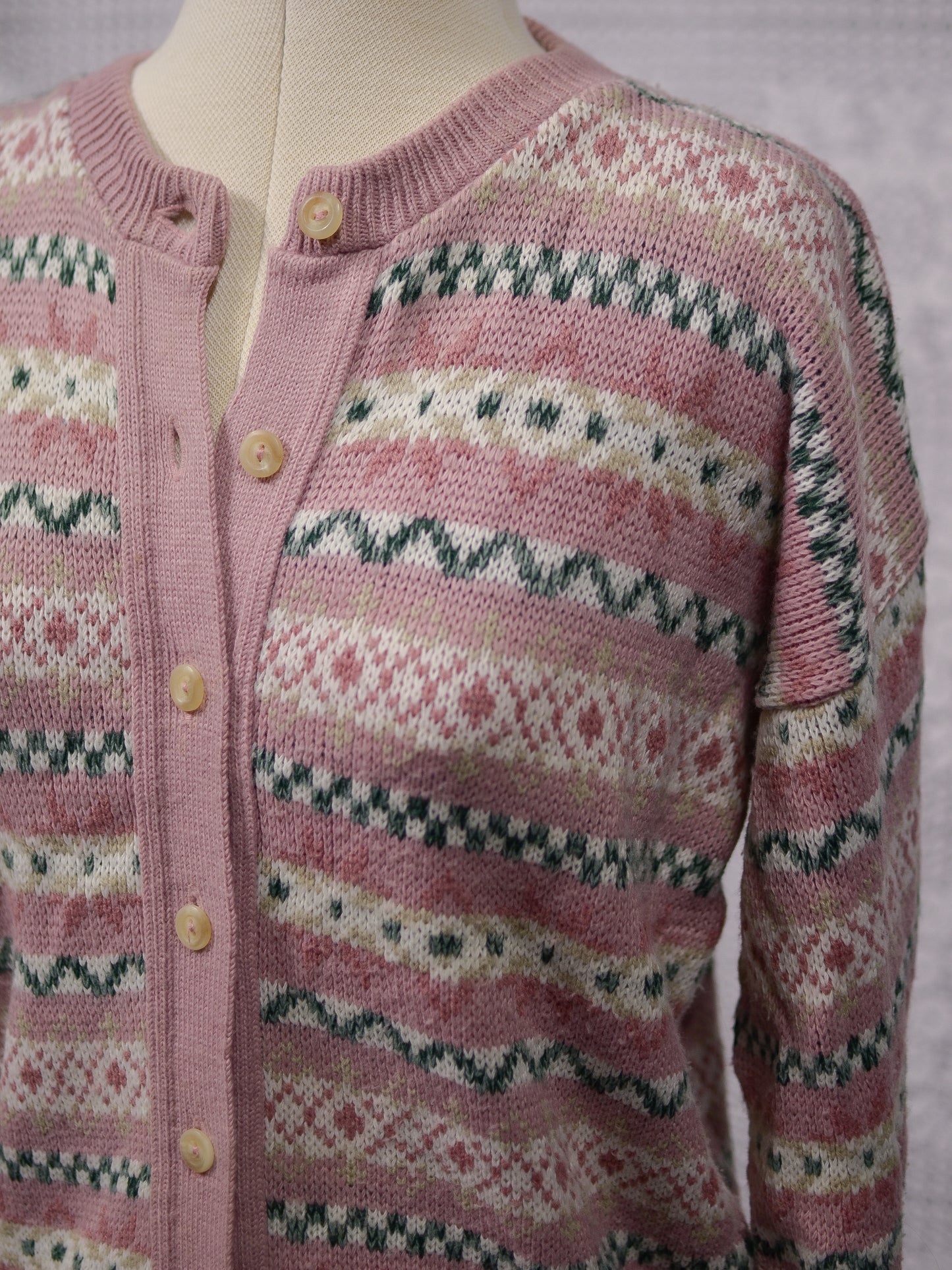 1980s pink and green fairisle style snowflake nordic cardigan