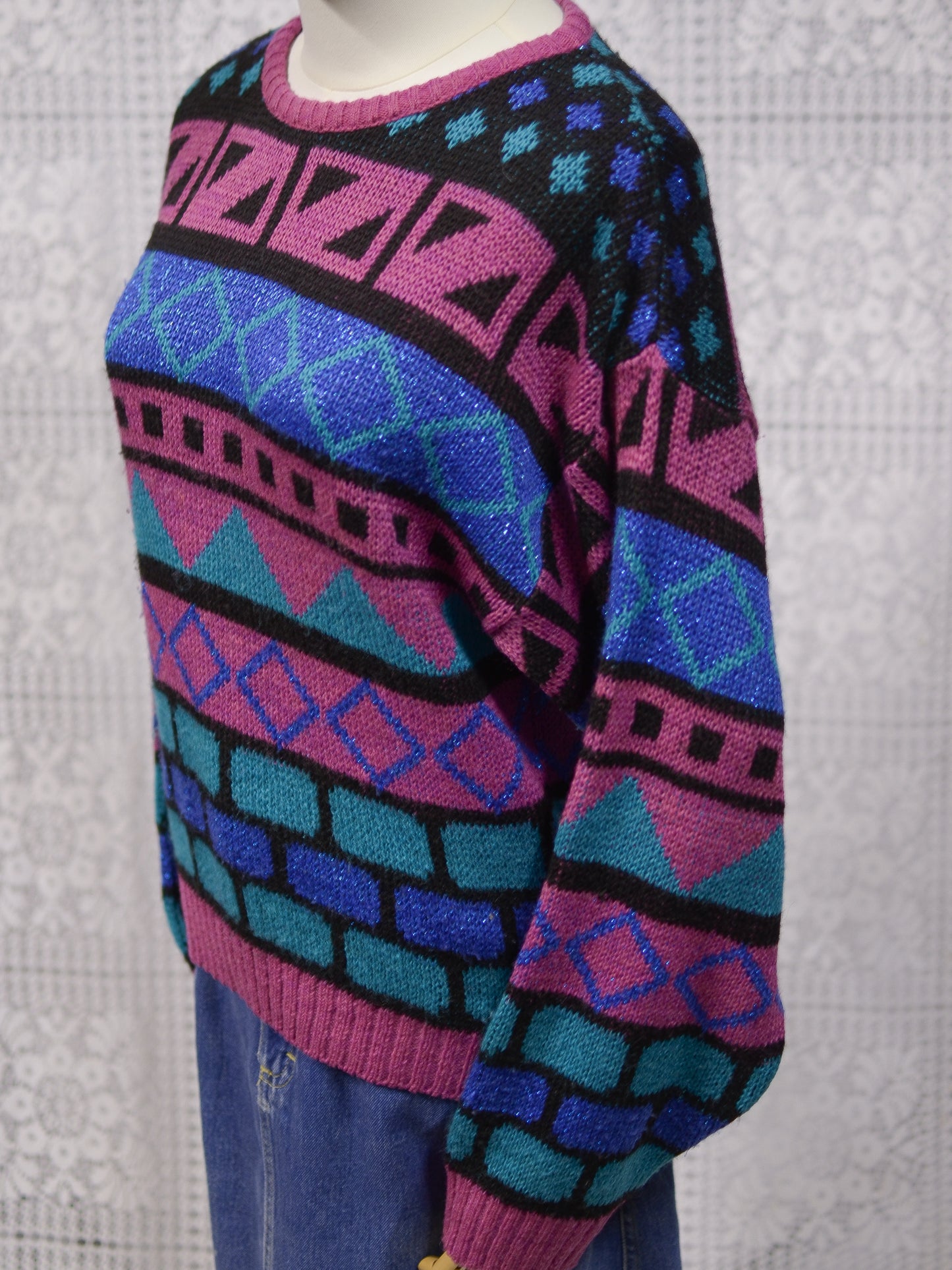 1980s C&A pink, green and blue sparkly patterned jumper