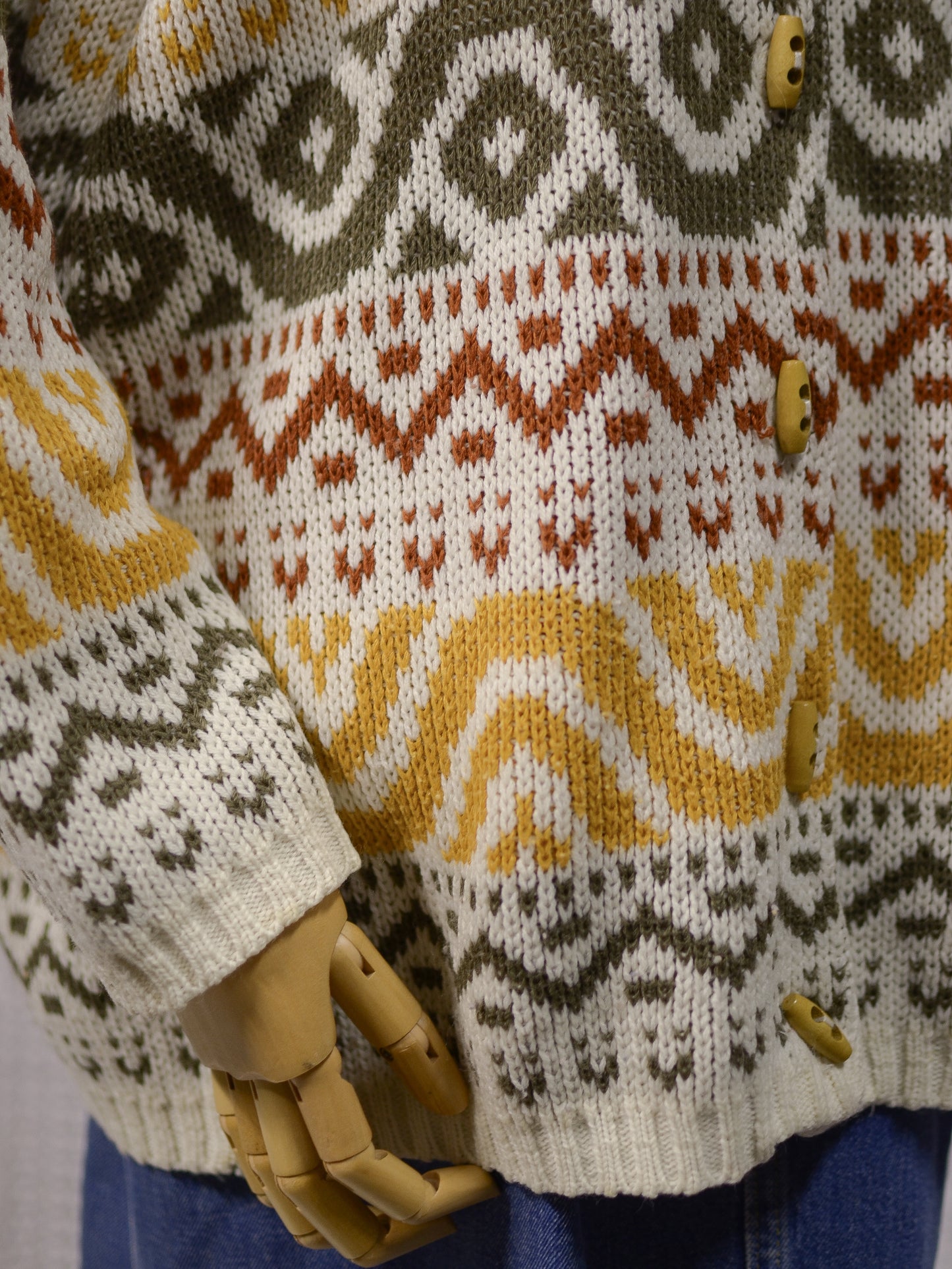 1980s Honeybells brown, green, mustard yellow and cream geometric pattern long cardigan