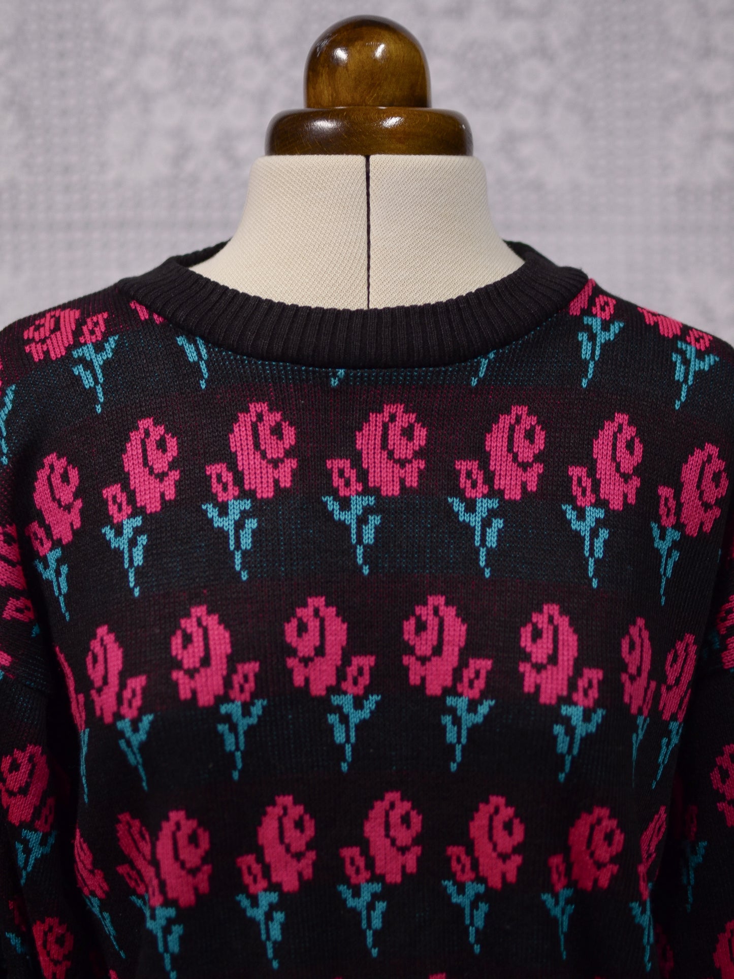 1980s black, hot pink and green rose print 3/4 length sleeve jumper