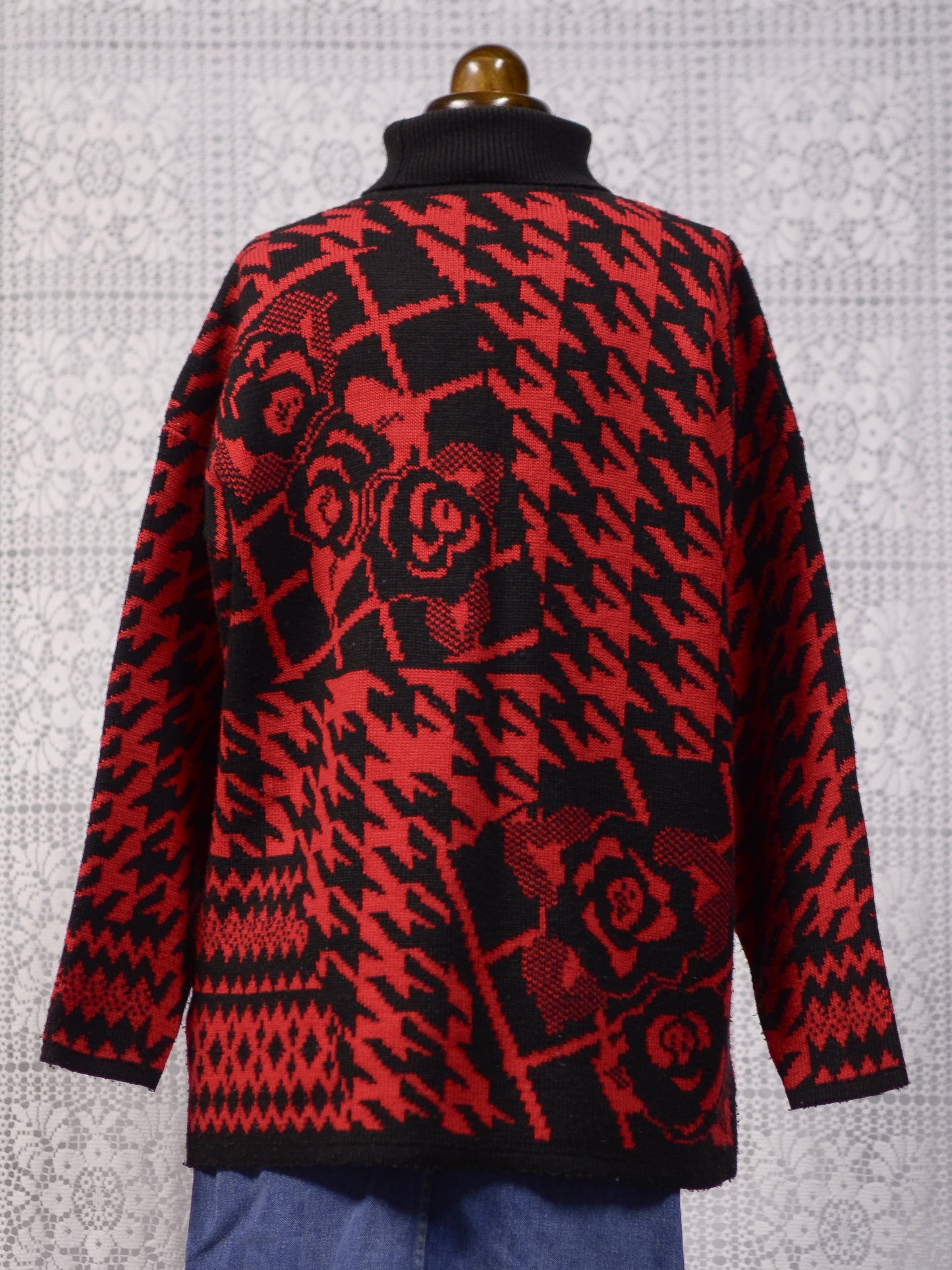 1990s St Michael red and black houndstooth and rose pattern long roll neck jumper