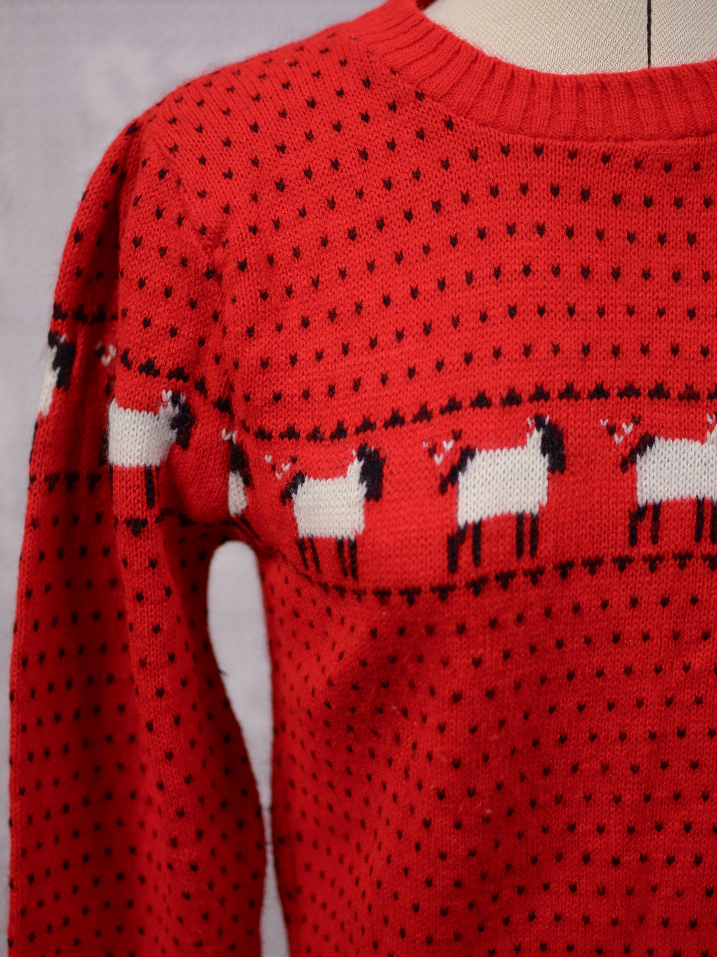 1970s red, white and black sheep and spotty pattern fitted jumper