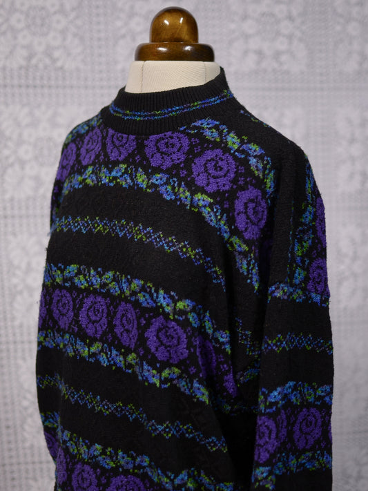 1980s black, purple and green rose floral and leaf pattern striped jumper