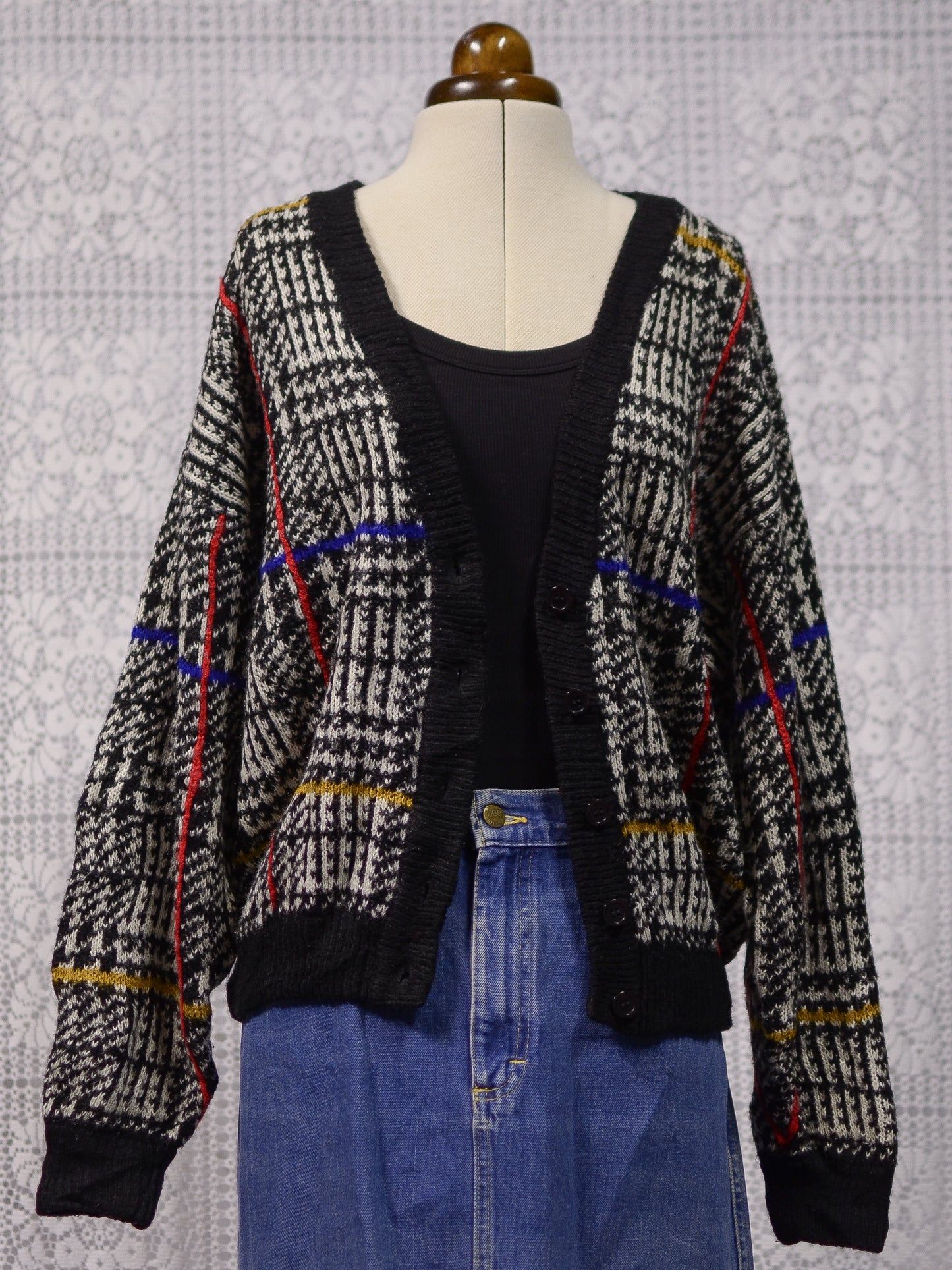 1980s black and white houndstooth check colourful slouchy v-neck cardigan