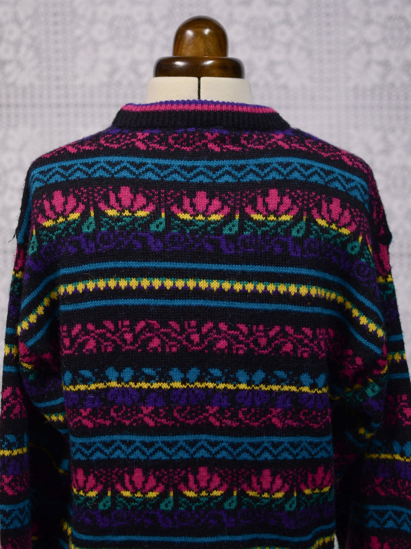 1980s C&A black, pink, yellow, purple and blue colourful floral stripe jumper