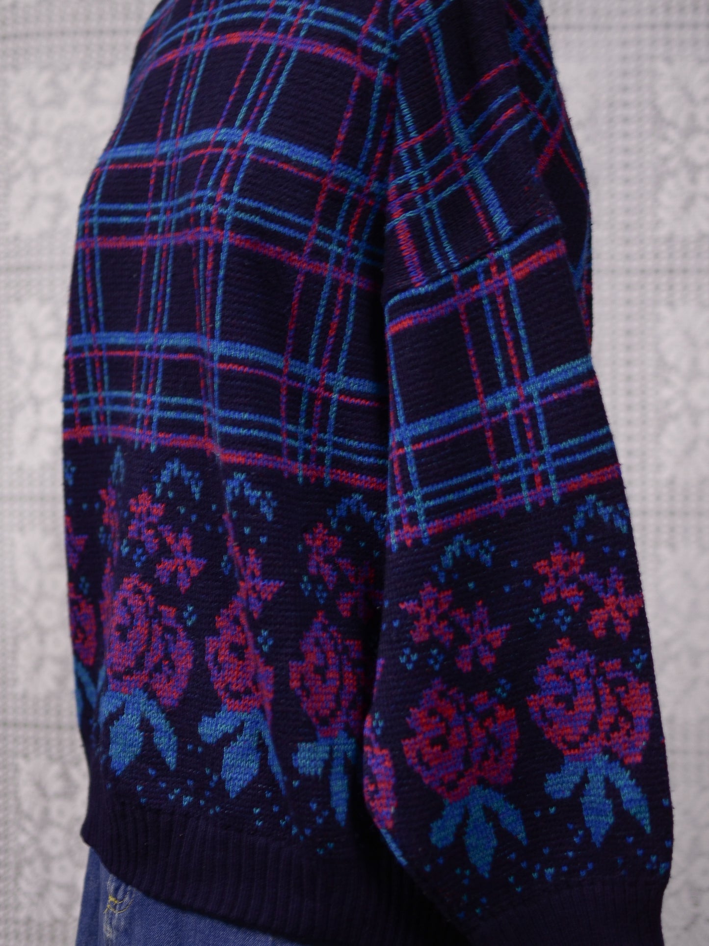 1980s navy, pink and light blue checked and rose floral pattern jumper