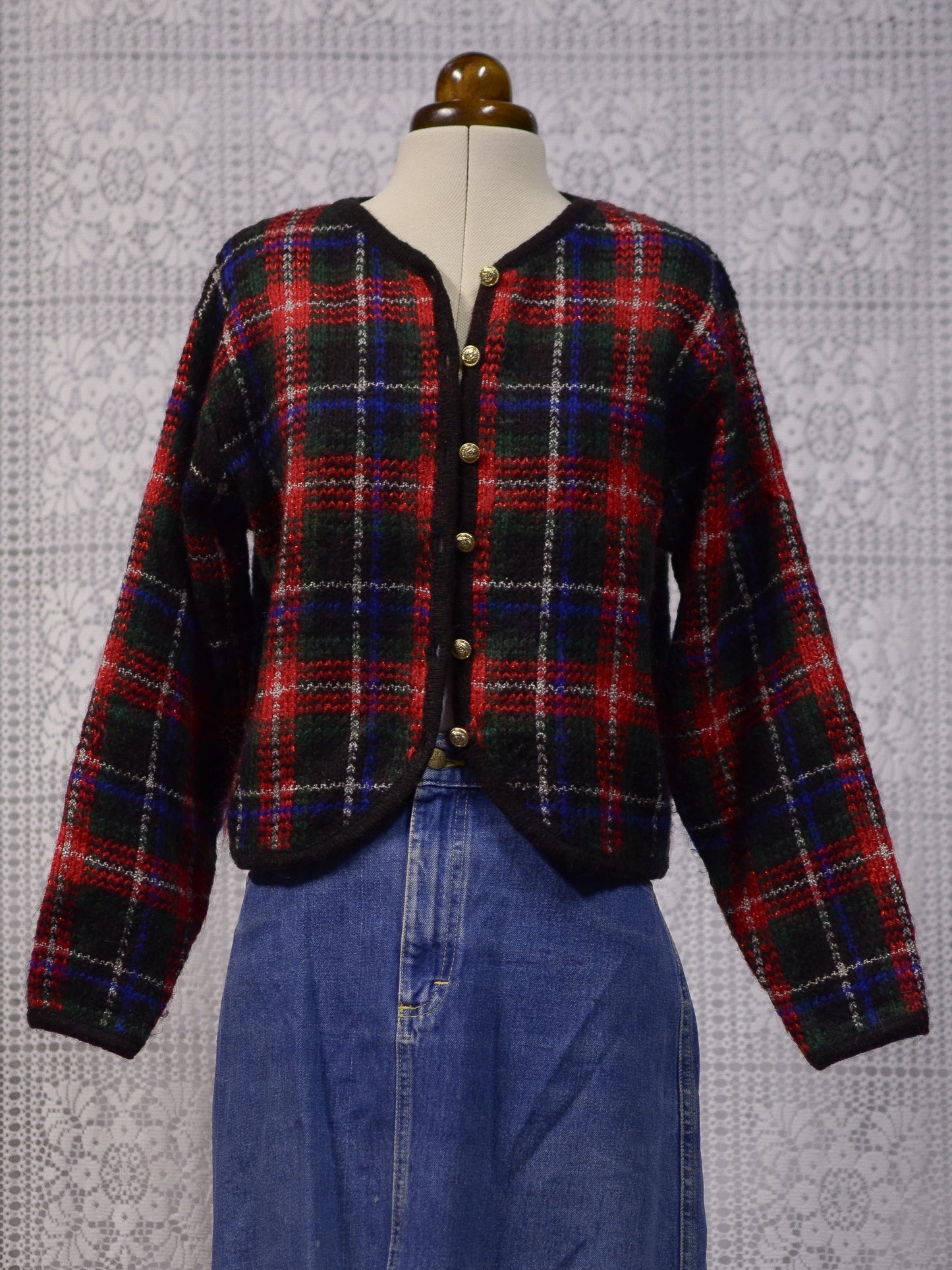 1980s red, green and blue tartan cropped cardigan