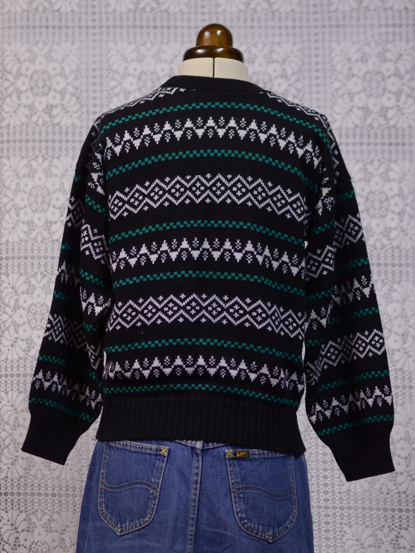 1980s black, white and green striped pattern pocket jumper