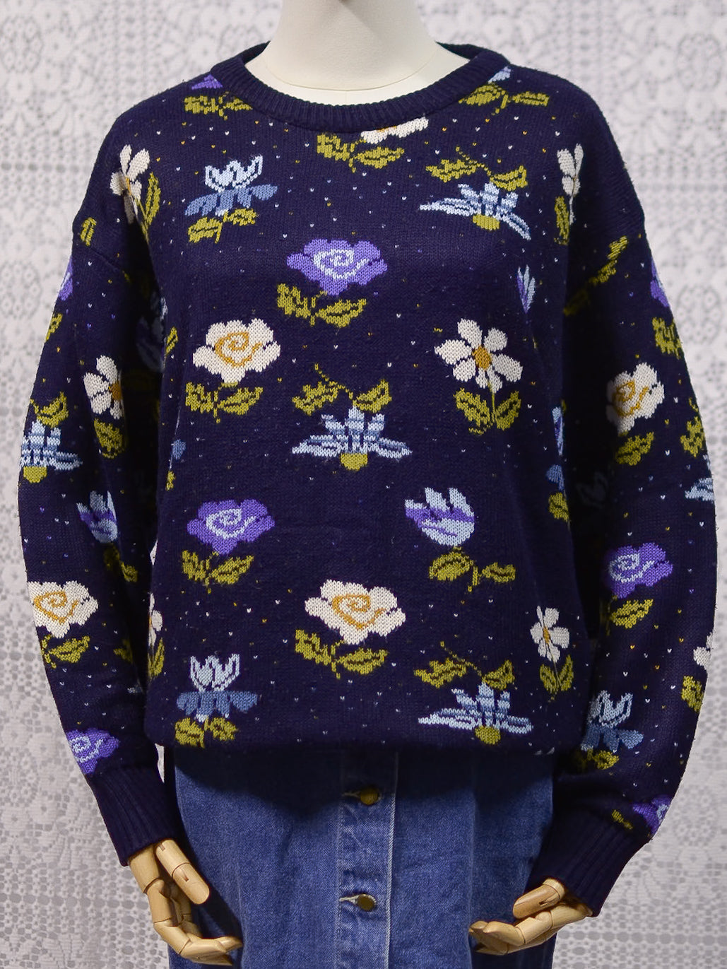 1980s navy blue, purple and white floral pattern jumper
