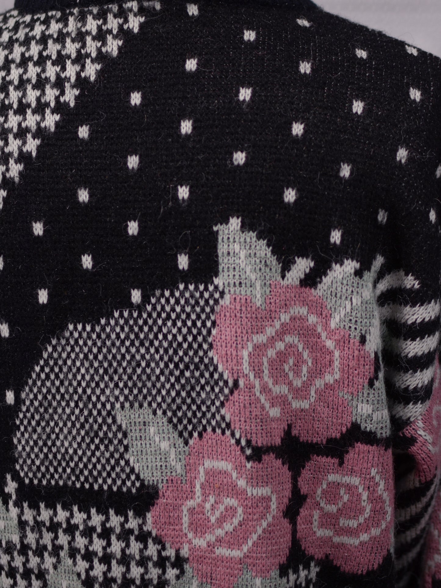 1980s Honey black, white and rose pink floral, polkadot and houndstooth long jumper