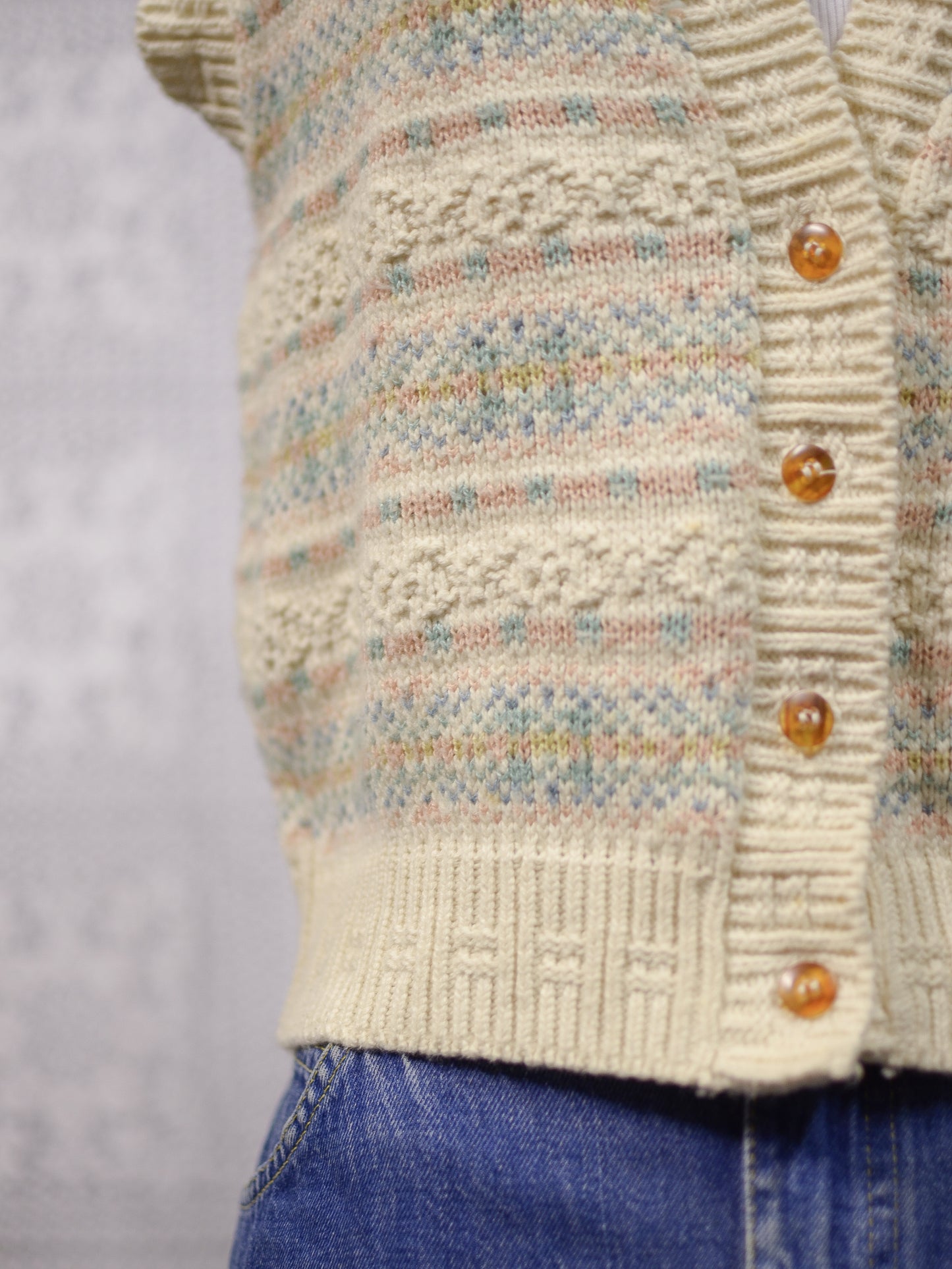 1990s BHS cream, pink and blue nordic fairisle style pattern knitted waistcoat