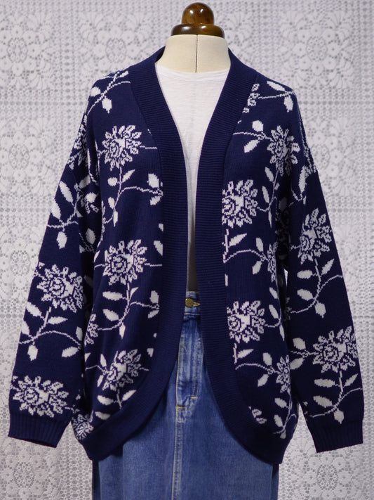 1980s Littlewoods blue and white floral cardigan
