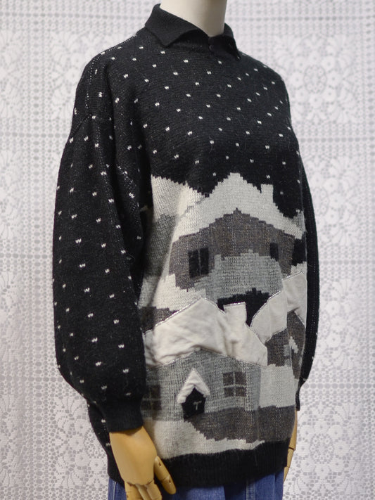1980s black and white festive snow scene novelty collared jumper