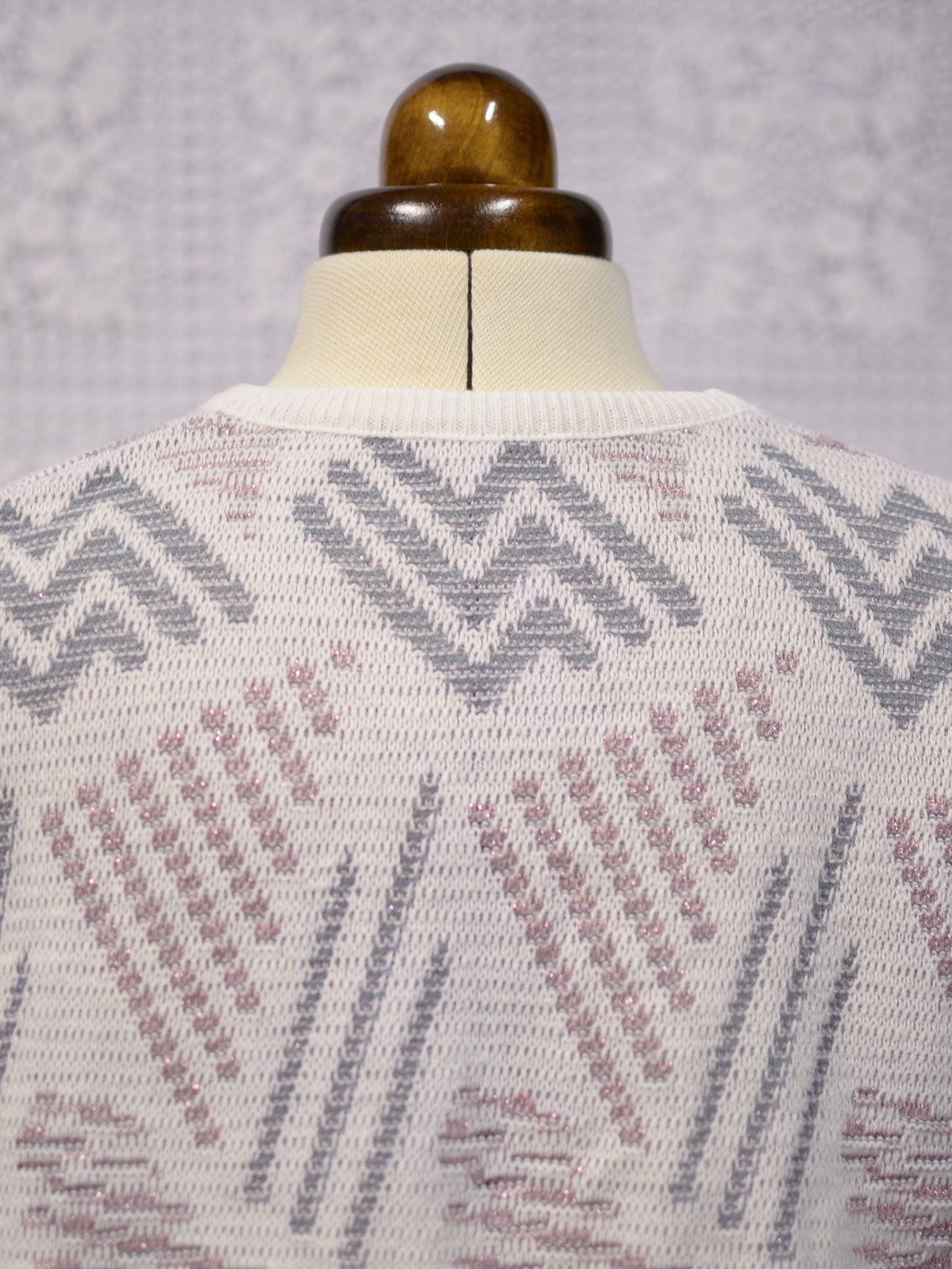 1980s white, grey and pink metallic geometric pattern jumper
