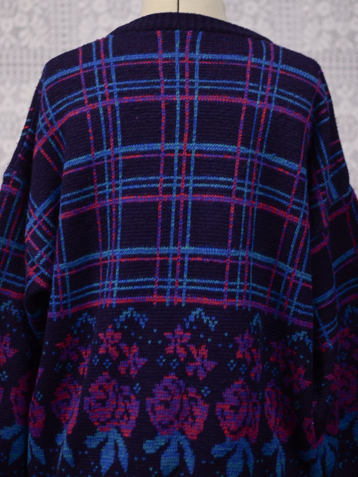 1980s navy, pink and light blue checked and rose floral pattern jumper