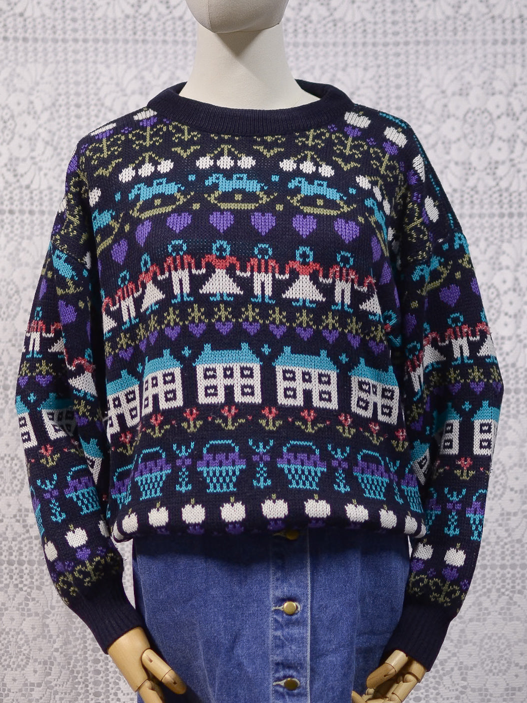 1980s navy blue, purple and blue novelty folk pattern jumper