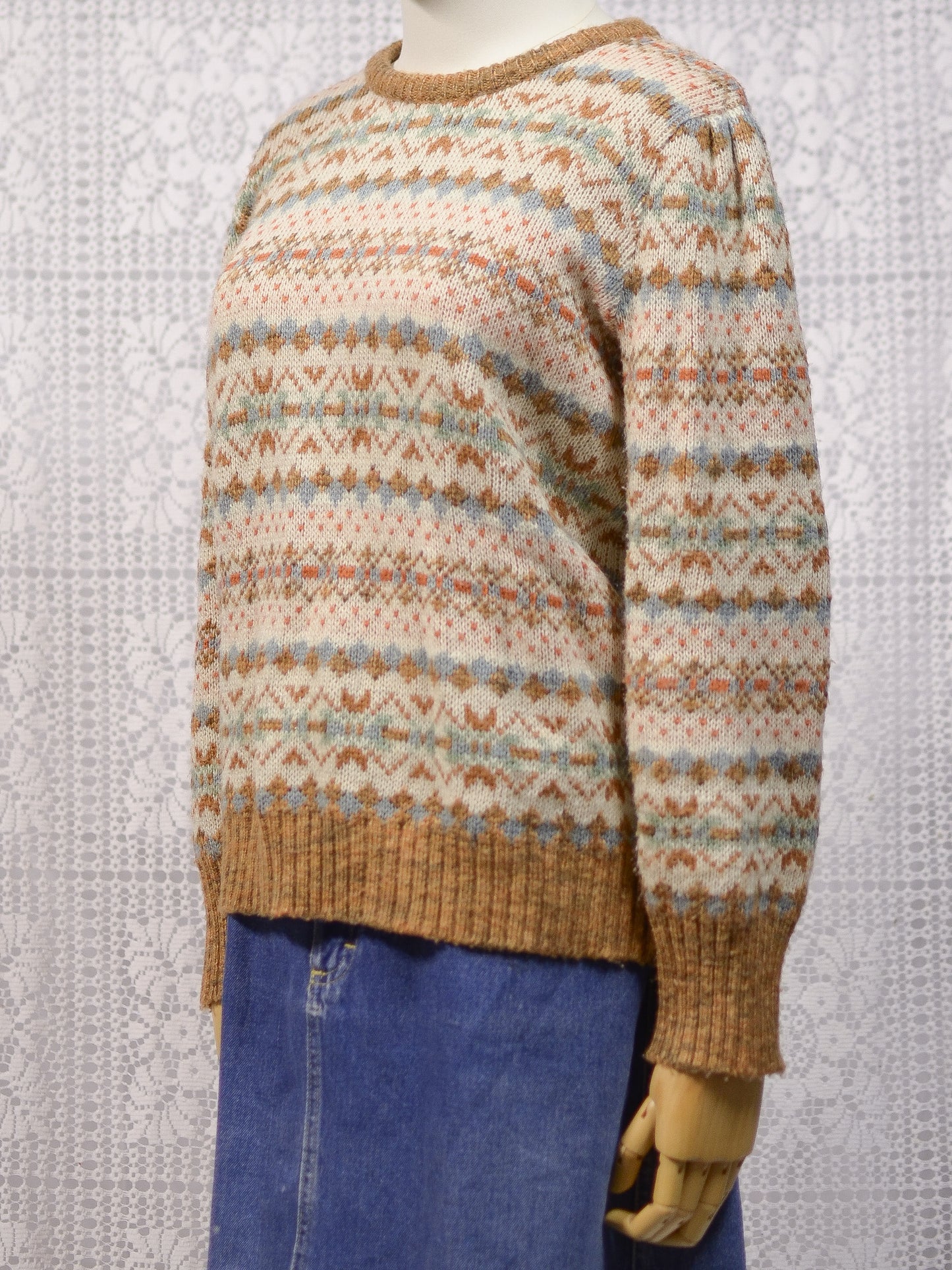 1980s BHS brown, cream and blue snowflake nordic stripe patterned jumper