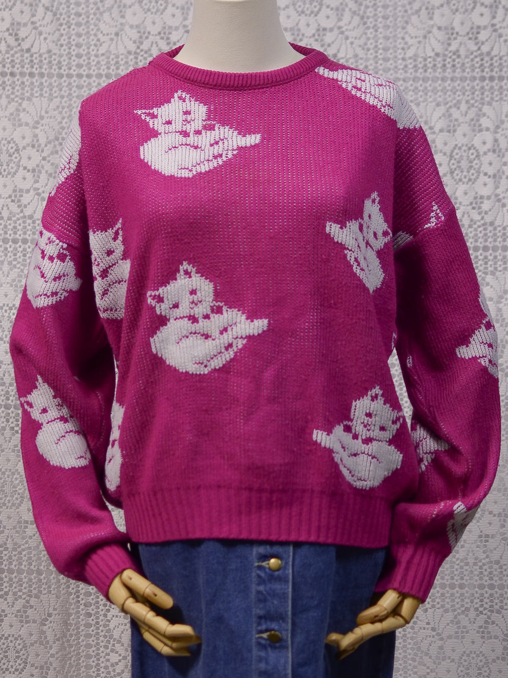 1980s pink and white cat jumper