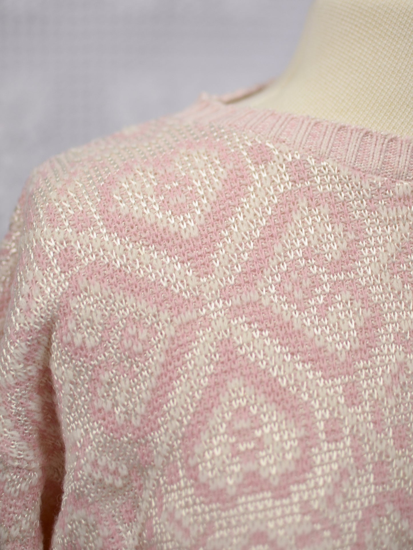 1980s pink and silvery white patterned long sleeve jumper